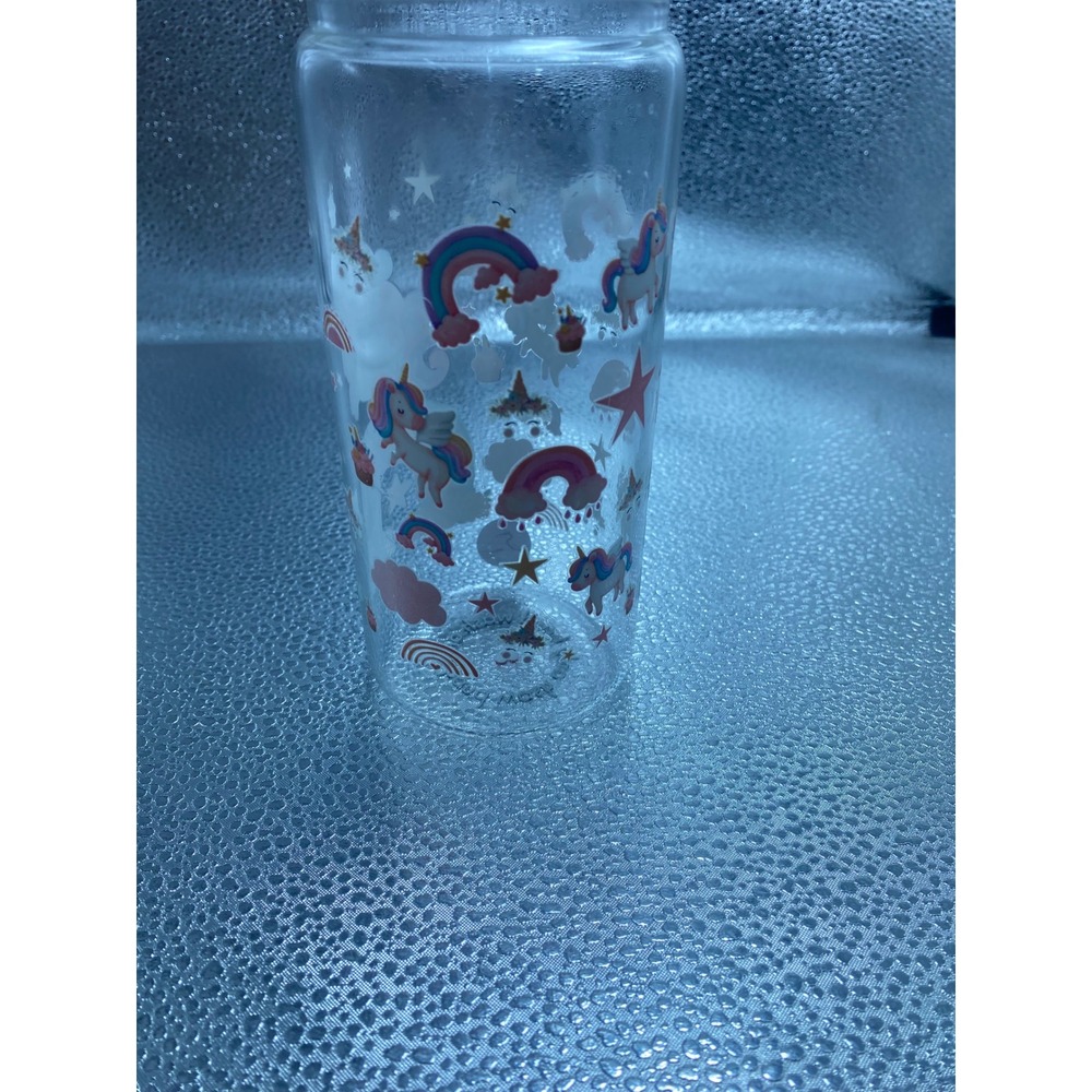 Unicorn and Rainbow Clear Glass Tumbler Whimsical Kids Juice Glass Drinking Cup
